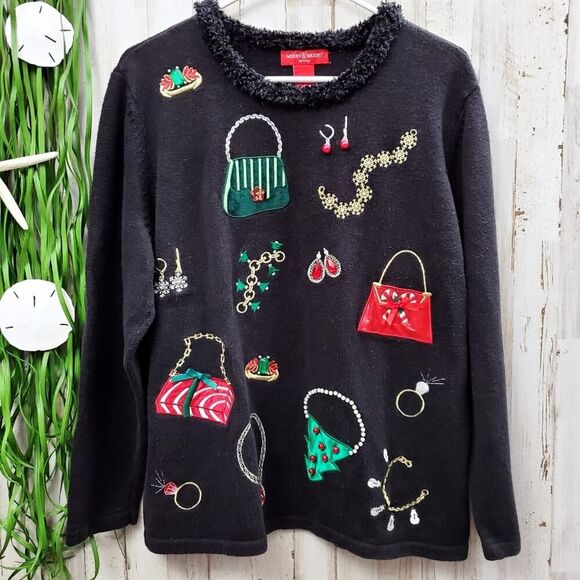 Merry & Bright Embellished Holiday Sweater Black XL Petite - Picture 1 of 7